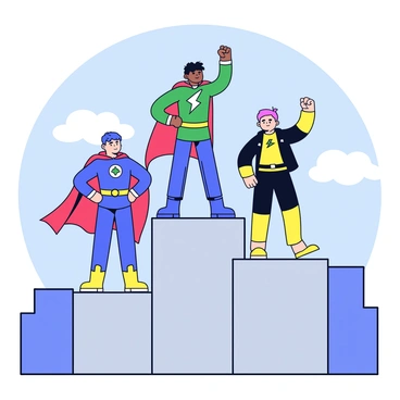 A team of three cartoon superheroes is posing heroically on top of a tall gray skyscraper. Each superhero has a unique costume, with vibrant colors and distinct emblems. The first superhero has a bright red cape and a blue suit, standing confidently with hands on hips. The second superhero wears a green suit with a lightning bolt emblem, raising one fist in the air. The third superhero is clad in a yellow and black suit, striking a dynamic pose with one knee bent and a determined expression. The city skyline can be seen in the background, with a few fluffy clouds in the blue sky.
