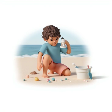 A young child, around six years old, wearing a blue t-shirt and red shorts, is kneeling on a sandy beach. The child has curly brown hair and is holding a small toy microscope, peering into it with an expression of curiosity. Scattered around are various pieces of colorful microplastics, glinting in the sunlight. In the background, the gentle waves of the ocean are visible, and a few seashells are scattered in the sand nearby. The child is surrounded by a small bucket and a spade, suggesting they have been playing and exploring the beach.