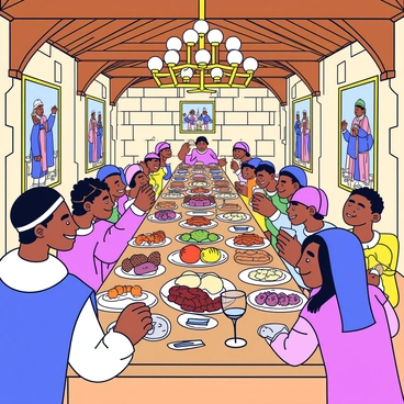 A grand medieval banquet hall with high wooden beams and stone walls. The hall is illuminated by large chandeliers hanging from the ceiling. A long wooden table runs down the center, covered with an array of colorful dishes, including roasted meats, bread, and fruits. Around the table are nobles dressed in elaborate gowns and tunics, engaged in lively conversation and laughter. Some nobles are raised in a toast with goblets, while others are reaching for food. Tapestries depicting noble scenes adorn the walls, adding to the festive atmosphere.