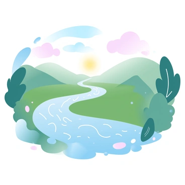 A landscape featuring winding rivers that mimic the intricate branching patterns of blood vessels. The rivers are surrounded by lush greenery and rolling hills, with soft, gradient pastel colors blending across the sky. The sunlight casts a warm glow on the water, creating shimmering reflections. Smaller streams flow into the main rivers, connecting the landscape like veins. The overall scene conveys a harmonious connection between nature and the organic patterns found within the body.