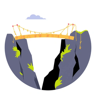 A rickety wooden bridge with uneven planks stretching across a deep ravine. The bridge has frayed ropes holding it up, and the wood appears weathered with cracks and splinters. Below the bridge, a rocky canyon drops steeply into shadows, with patches of greenery visible on the sides of the ravine. The sky above is clear with a few fluffy white clouds drifting by.
