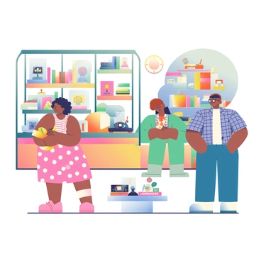 Several customers of diverse backgrounds are browsing unique items in a quaint vintage shop. One customer, a woman with curly hair wearing a floral dress, is examining a collection of antique jewelry displayed in a glass case. Another customer, a man with glasses and a plaid shirt, is looking at a vintage record player on a nearby wooden shelf. In the background, there are shelves filled with colorful knick-knacks, old books, and vintage clothing. The soft lighting creates a cozy atmosphere, enhancing the charm of the shop. A small, round table in the center holds an assortment of quirky collectibles, inviting customers to explore further.