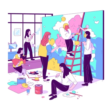 A group of illustrators is working together on a large mural inside a bright agency office. The team consists of individuals from different backgrounds, each contributing their unique artistic style to the project. One illustrator is positioned on a ladder, carefully applying vibrant colors to the upper section of the mural, while another is on the ground, sketching outlines with a pencil. The mural features a variety of whimsical elements, including abstract shapes and lively characters. Paint cans in various colors are scattered around the floor, and brushes of different sizes are in use. Natural light streams in through large windows, illuminating the creative atmosphere of collaboration.