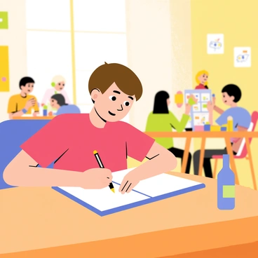 A child sitting at a wooden school desk, looking focused and writing in a notebook. The classroom is lively, with other students engaged in group activities at tables nearby. Some students are collaborating on a colorful poster, while others are interacting with building blocks spread across their table. Brightly colored posters decorate the walls, and sunlight streams through the windows, illuminating the scene. The child has short brown hair and is wearing a red t-shirt, with a pencil in hand.
