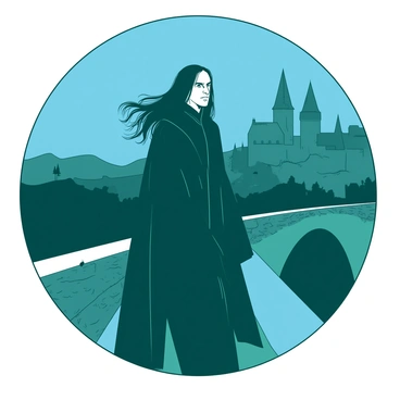 A teal Severus Snape stands on the Hogwarts bridge, his long black hair billowing in the wind. He is dressed in a traditional long black robe, which flows around him, adding a sense of movement. Snape's expression is serious and contemplative, as he gazes into the distance, lost in thought. The stone arch of the bridge frames him, with the castle in the background, partially obscured by mist. The sky above is a deep shade of blue, creating a dramatic contrast against the scene.