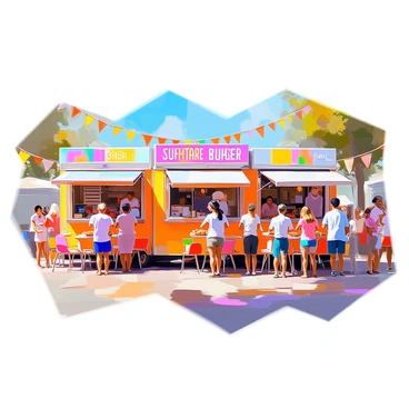 A vibrant scene featuring a row of colorful food trucks representing diverse cuisines at a local festival. Each food truck has distinct signage displaying its offerings, such as tacos, sushi, gourmet burgers, and crepes. The trucks are parked closely together, with small tables and chairs set up nearby for patrons. People of various ages and backgrounds are seen enjoying their meals, some standing in line to order. Brightly colored banners and decorations add to the festive atmosphere, while a blue sky overhead enhances the lively setting.