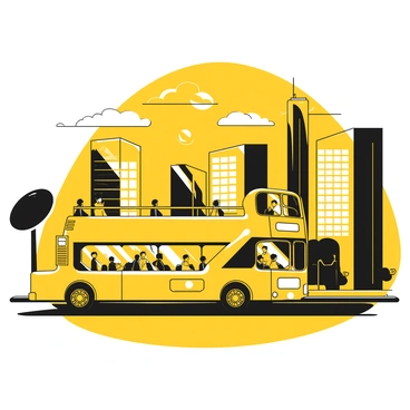 A double-decker bus is driving down a city street, with its upper deck visible. The bus features various advertisements on its sides, and people are sitting on the upper deck enjoying the view. The skyline is filled with several skyscrapers, showcasing their modern architecture. In the background, the sun is setting, casting elongated shadows and giving the scene a dramatic atmosphere. The windows of the buildings reflect the fading light of the day, creating a dynamic interplay of light and shadow.