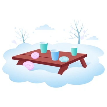 A picnic table is partially buried in a thick layer of snow. Several colorful cups are visible, with their vibrant hues standing out against the white backdrop. Plates of various patterns are also peeking through the snow, showing hints of their designs. Snowflakes gently fall around the scene, adding to the winter atmosphere. The landscape is serene, with a few bare trees in the distance, creating a peaceful winter setting.