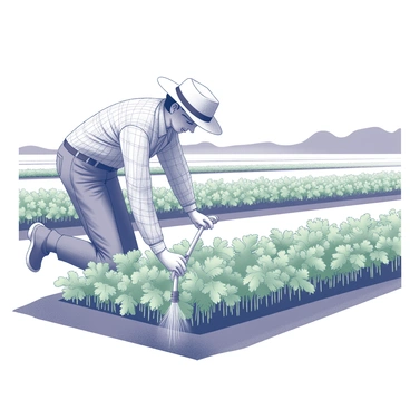 A farmer adjusting a drip irrigation system in a field. The field features rows of green crops thriving under the irrigation system. The farmer is wearing a straw hat and a checkered shirt, bending down to inspect the tubing and emitters. The background includes additional patches of crops and a clear sky above. Water is visibly dripping from the irrigation lines, showcasing the efficient water-saving technique being utilized.