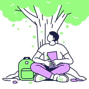 A student is sitting cross-legged under a large tree with a thick trunk and sprawling green branches. The student has short hair and is wearing a casual t-shirt and jeans. They hold a notebook on their lap and are writing with a green pen. A focused expression is on their face as they gaze upwards, lost in thought. Scattered around are a few crumpled papers, and a backpack rests beside them. Sunlight filters through the leaves, casting dappled shadows on the ground.