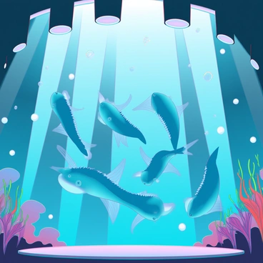 A group of catfish with sleek bodies and shimmering scales are performing a synchronized ballet in an underwater theater. Each catfish gracefully arches their bodies and moves in unison, creating an elegant display. The theater is adorned with coral formations that resemble a grand stage, illuminated by soft beams of light filtering through the water's surface. Bubbles rise gently around the catfish as they leap and spin, their fins fanning out dramatically. The background features colorful seaweed swaying gently, completing the enchanting underwater scene.