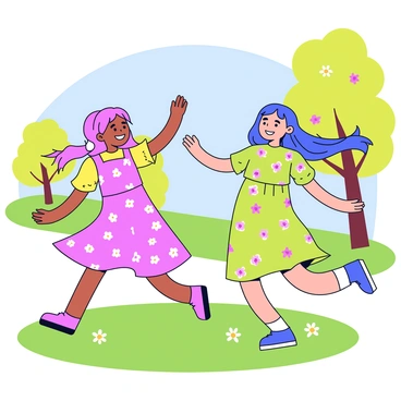 Two little girls are twirling joyfully in a sunny park. Each girl wears a colorful, flower-patterned dress with short sleeves and a flared skirt. The dresses feature vibrant colors, such as pink, yellow, and green, with small floral designs all over. The girls have long hair that flows around them as they spin. The park is filled with green grass and a few scattered daisies. In the background, there are trees with bright green leaves under a clear blue sky.