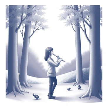 A flutist stands in a peaceful clearing within a dense forest. The musician holds a silver flute to their lips, eyes closed as they focus on playing a gentle melody. Tall trees surround the area, their trunks strong and textured. Soft leaves and branches create a natural canopy overhead. Sunlight filters through the foliage, casting delicate patterns on the forest floor. The atmosphere is calm, with small woodland creatures such as birds or squirrels quietly observing the scene.