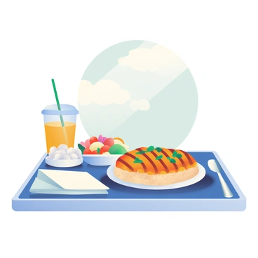 A tray table in an airplane cabin is set with a delicious meal. The meal includes a grilled chicken breast with a golden-brown crust, garnished with fresh herbs. Beside it, there is a small bowl of vibrant mixed salad with cherry tomatoes and cucumber slices. A serving of fluffy white rice is plated in a separate compartment. A clear plastic cup contains a refreshing orange juice. The background showcases the airplane cabin with soft overhead lighting and a window obscured by fluffy clouds. A folded white napkin rests on the tray table next to a shiny silver fork and knife.