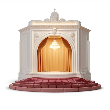 A classic vintage theater with an ornate exterior featuring intricate detailing. The entrance is framed by bright marquee lights, casting a warm glow. Inside, rows of plush red velvet seats are arranged in a steeply tiered manner, providing an excellent view of the stage. The grand stage is adorned with rich golden drapes, and an impressive chandelier hangs from the ceiling, illuminating the space with soft light. The walls are decorated with elegant moldings and art deco accents, creating a luxurious atmosphere.