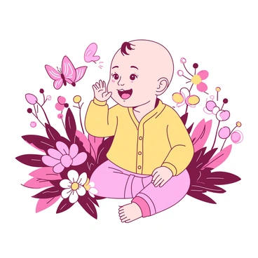 A baby wearing a pastel-colored cardigan and matching pants is sitting amidst a vibrant array of blooming flowers. The flowers include various shapes and sizes, with petals in shades of pink and yellow. The baby has soft, chubby cheeks and is smiling, reaching out towards a butterfly fluttering nearby. The surrounding flowers create a colorful and lively atmosphere, enhancing the scene's charm.