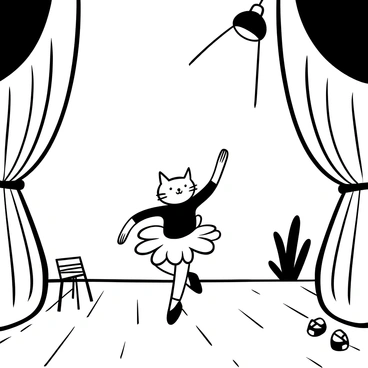 A cat wearing a tiny tutu is striking a graceful pose on a stage. The stage is adorned with decorative curtains that frame the scene. A spotlight shines down on the cat, emphasizing its poised stance. Surrounding the stage are various props, such as a small music stand and scattered ballet shoes. The floor of the stage has a wooden texture, contributing to the performance atmosphere.