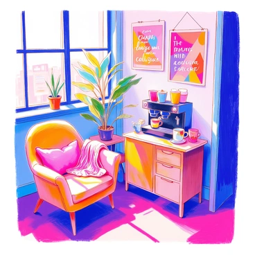A cozy corner in an office features a compact coffee station with a sleek coffee machine, a stack of colorful coffee mugs, and a small wooden table. There is a plush armchair with a soft throw blanket draped over one side. The wall behind the coffee station is adorned with vibrant posters depicting motivational quotes and abstract designs. A potted plant sits on the table next to the coffee machine, adding a touch of greenery to the space. Natural light filters in through a nearby window, enhancing the inviting atmosphere.