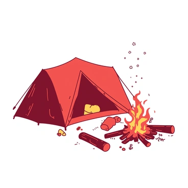 A red tent is pitched beside a crackling orange fire in a snowy clearing. The snowflakes are gently falling around the scene, creating a soft white blanket on the ground. The tent has a warm glow emanating from within, hinting at a cozy atmosphere inside. Nearby, a few logs serve as seats around the fire, which is surrounded by scattered pinecones and small branches. The fire's flames dance brightly against the backdrop of the white snow, casting a warm light into the chilly evening air.