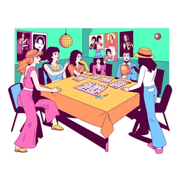 A group of players dressed in colorful disco outfits is gathered around a large bingo table. Each player is wearing unique outfits featuring bright patterns, flared pants, and platform shoes. The table is covered with a vibrant orange tablecloth and has several bingo cards laid out, alongside colorful markers. Behind them, the walls are adorned with retro decorations like shiny gold disco balls and posters of iconic music artists from the 1970s. Soft teal lighting casts a warm glow over the scene, enhancing the lively atmosphere.