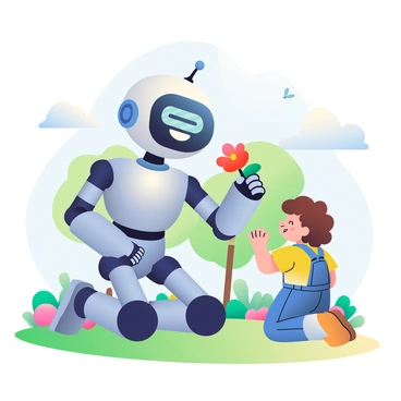 A 3D cartoon robot with shiny silver and blue accents is kneeling down in a park setting. The robot has expressive digital eyes and a friendly smile. In its mechanical hand, it is holding a bright red flower with green leaves. In front of the robot, a young child with curly brown hair is reaching out to accept the flower. The child is wearing a yellow t-shirt and denim overalls, showing a joyful expression. The park background features green grass, colorful flowers, and a few trees under a clear blue sky. There are butterflies fluttering around, adding to the lively atmosphere.