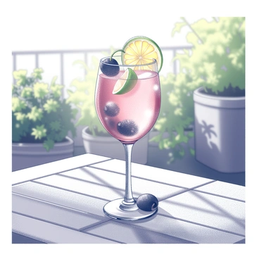 A refreshing wine cocktail with fruit garnishes on a sunny patio