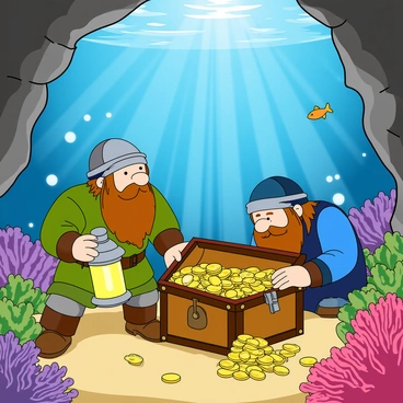 Two dwarfs with long, braided beards and sturdy armor are exploring a sunken treasure inside a bright underwater cavern. One dwarf, wearing a green tunic and a silver helmet, is holding a glowing lantern that illuminates the colorful corals and fish swimming around. The other dwarf, dressed in blue and brown, is kneeling beside an ancient wooden chest that is partially buried in sand, peering excitedly at the gold coins and sparkling jewels spilling out. Bubbles float up around them, while beams of sunlight penetrate the water, casting shimmering patterns on the cavern walls.