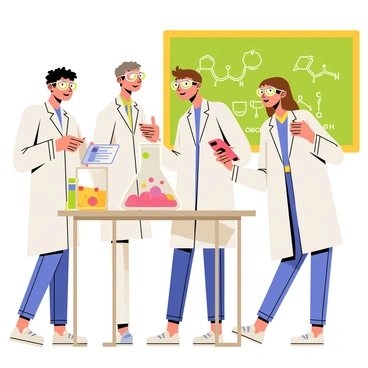 A group of five students gathered around a laboratory table, each wearing safety goggles and white lab coats. They are observing a glass beaker filled with a colorful, bubbling chemical mixture. The beaker is sitting on a metal stand, and the bubbling liquid is emitting colorful vapors. Two students are leaning forward, looking intently, while another is taking notes on a clipboard. A fourth student is pointing at the beaker with excitement, and the fifth is holding a smartphone, capturing the moment. In the background, a chalkboard is filled with chemical formulas and diagrams.
