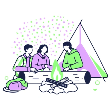 A group of three friends is sitting around a campfire. The friends are engaged in conversation while leaning against large logs. One friend has short hair and is wearing a plaid shirt. Another friend is wearing a hoodie, and the third friend has long hair tied back. The campfire is crackling with flames and glowing embers, surrounded by rocks. Above them, a clear sky is filled with numerous stars, creating a sparkling backdrop. To the side, there is a partially unzipped tent and a backpack resting on the ground.