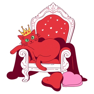 A red cat with playful green eyes is lounging on an ornate white throne, draped in luxurious fabrics. The cat is wearing a gold crown adorned with red hearts, symbolizing the Queen of Hearts. The throne features intricate carvings and is positioned against a backdrop of rich patterns. The cat is stretched out comfortably, one paw playfully dangling over the armrest. The atmosphere conveys a sense of royal playfulness, with soft pillows scattered around the throne.