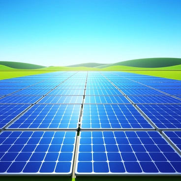 A large field covered with solar panels arranged in neat rows. The solar panels are reflecting sunlight, showcasing their shiny surfaces. The sky above is clear and blue, with no clouds obstructing the sunlight. The surrounding landscape includes a few patches of green grass and distant hills in the background. The entire scene emphasizes the vastness of the field and the efficiency of solar energy capture.