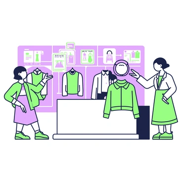 A futuristic clothing store features an interactive holographic AI agent assisting customers. The agent is projected above a sleek, modern counter, displaying a friendly expression. It gestures with its hands, indicating various clothing items that are neatly arranged on racks. The store is brightly lit with stylish displays showcasing different outfits. In the foreground, a customer is examining a smart jacket that the AI has suggested, while another customer is browsing through a digital screen displaying the latest fashion trends. The store's walls are adorned with high-tech screens displaying vibrant visuals of clothing options.