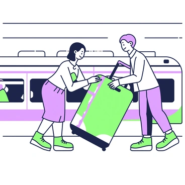 Two friends are standing on a train platform, working together to lift a heavy suitcase. One friend, with medium-length hair, is positioned on the left, while the other, with short hair, is on the right. They are both leaning forward, displaying a strong effort as they grasp the suitcase. The suitcase is large, featuring a colorful design, and their faces show expressions of laughter despite the struggle. In the background, a train can be seen waiting at the station, with motion blur indicating that other passengers are also present on the platform.