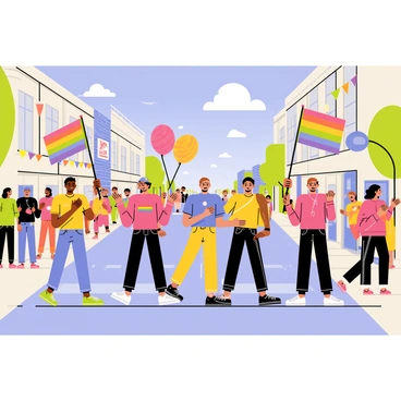 A group of marchers holding "pride flags" is parading down a city street. The marchers are wearing colorful clothing and accessories, showcasing "bright colors" and "bold patterns." In the background, there are buildings with "cheerful murals" and "decorative banners" hanging. The street is lined with people cheering and clapping, creating an atmosphere of celebration. The sky is clear and blue, with a few fluffy white clouds floating.