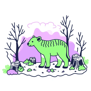 A rare animal is standing alone on a patch of dry earth in a shrinking forest habitat. The animal has intricate patterns on its fur, showcasing unique markings. Surrounding the animal, there are stumps of fallen trees and sparse vegetation, illustrating the decline of its natural surroundings. In the background, the remaining trees appear thin and scattered, with some showing signs of decay. The ground is littered with leaves and twigs, reinforcing the sense of an ecosystem in peril. The sky overhead hints at dusk, with soft light filtering through the remaining branches.