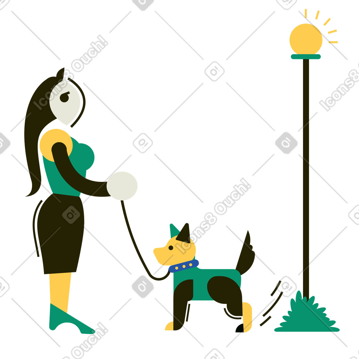Donna che porta il suo cane a fare una passeggiata illustrazione in stile Spot scarica in PNG, SVG