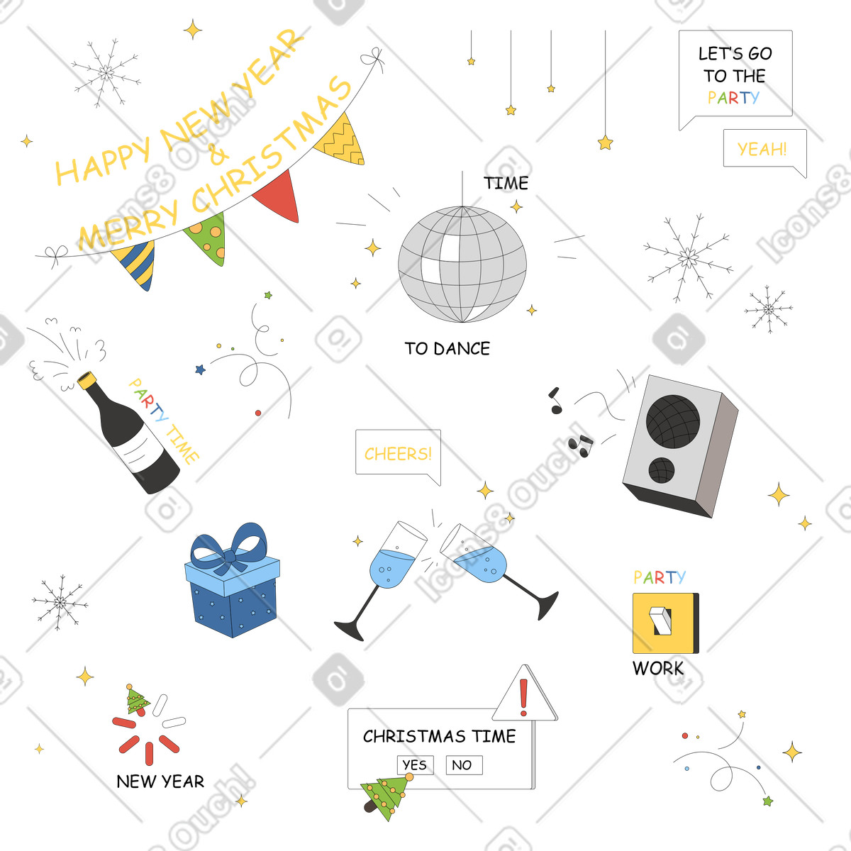 Christmas sticker pack with party items illustration in Sitcom style download in PNG, SVG