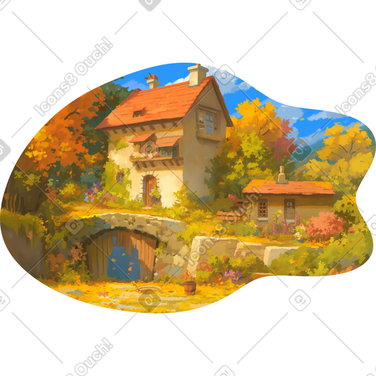 Fairytale houses in autumn background illustration Scenes style download PNG, SVG