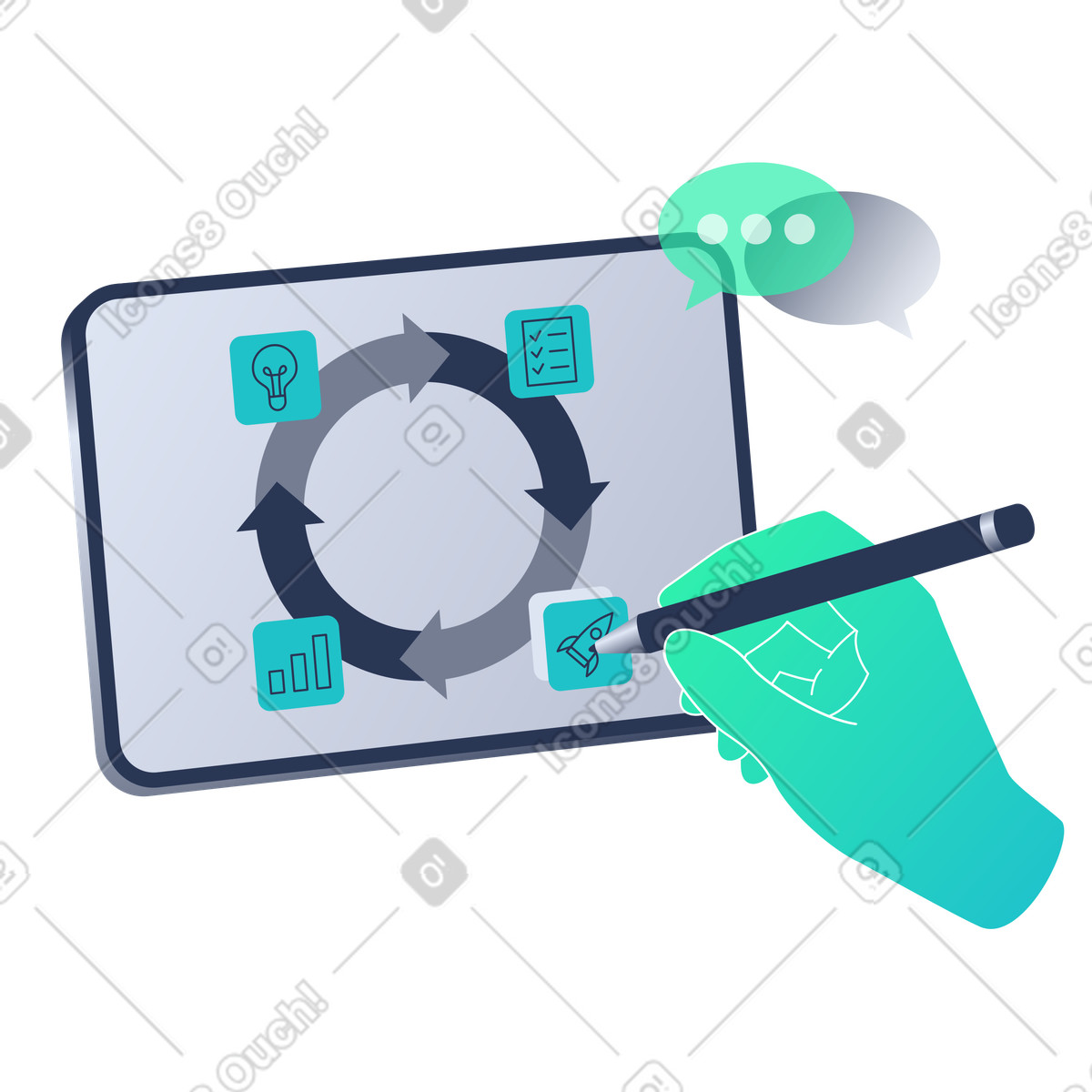 Project management with infographics on tablet screen illustration in Lucent style download in PNG, SVG