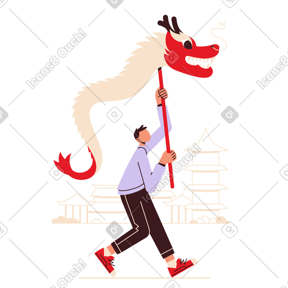 Ilustración Dragon dance performer walking in front of pagoda, Traditional Lunar New Year event en estilo Folks a descargar en PNG y SVG