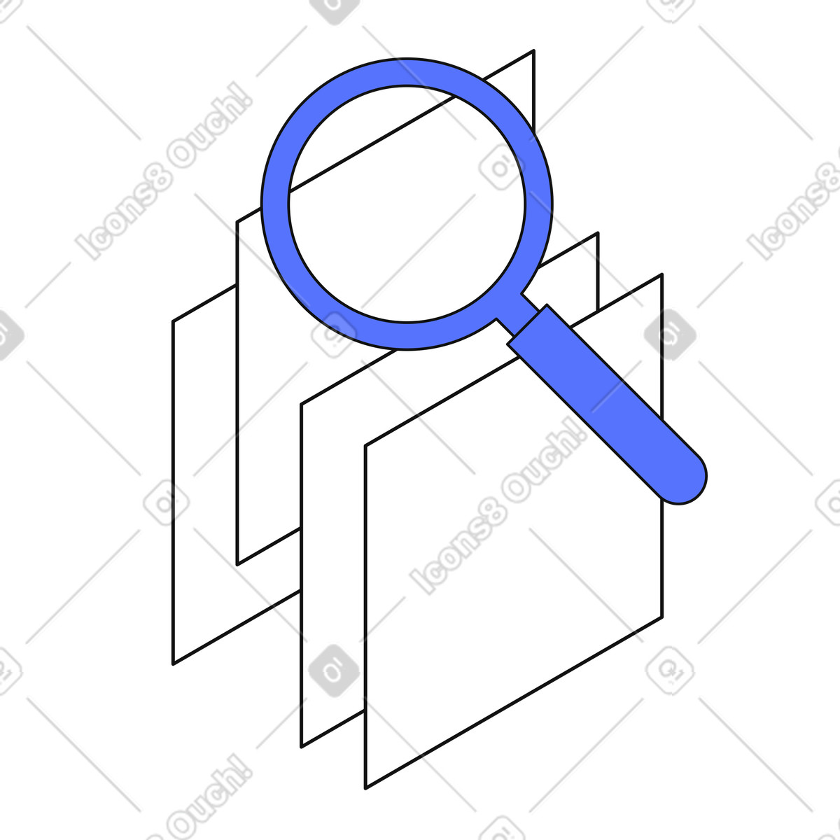下载 Main 风格的 Magnifying glass inspecting multiple documents for detailed data review process 插画，支持 PNG、SVG 格式