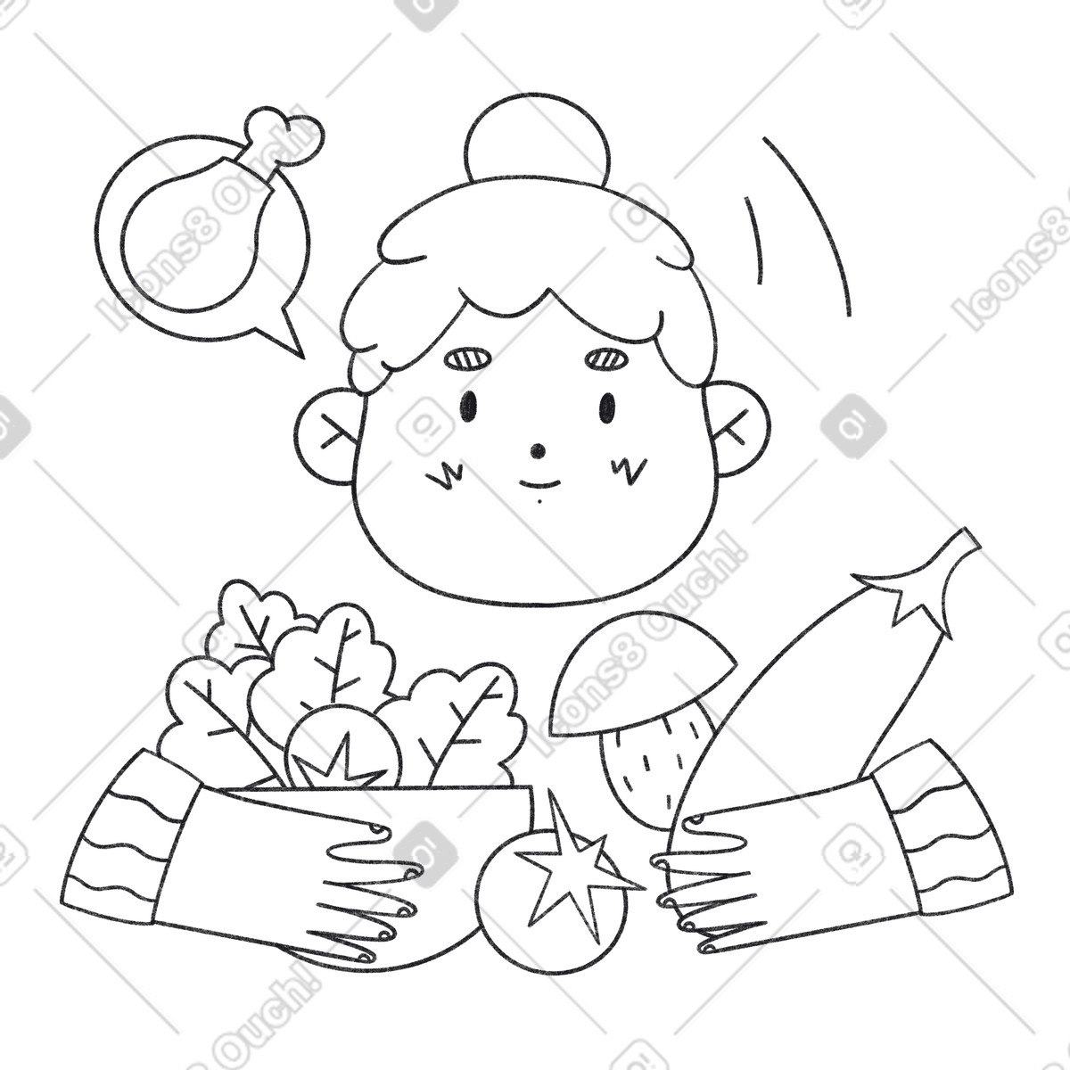 Ilustração de Garota cozinhando uma salada, mas sonhando com carne em no estilo Bonbon Line para baixar em PNG, SVG