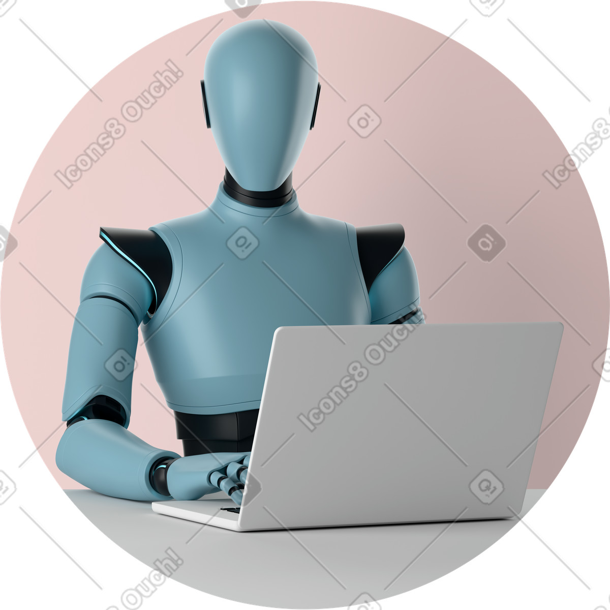 3D Casual life スタイルの AI robot working at laptop のイラストをPNG、SVG形式でダウンロード