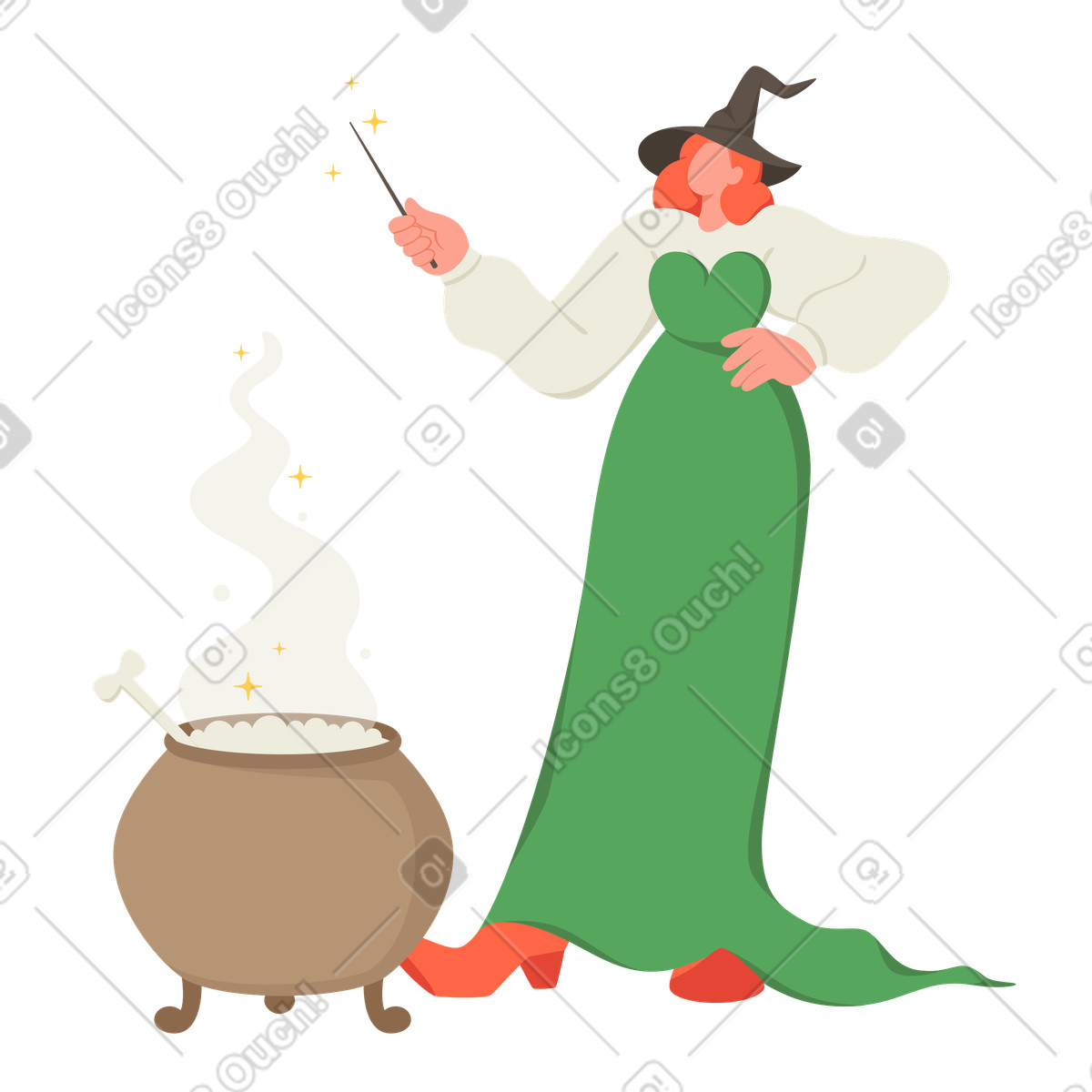 Illustration La sorcière sorcelle autour d'un chaudron de potion dans le style Social à télécharger aux formats PNG, SVG