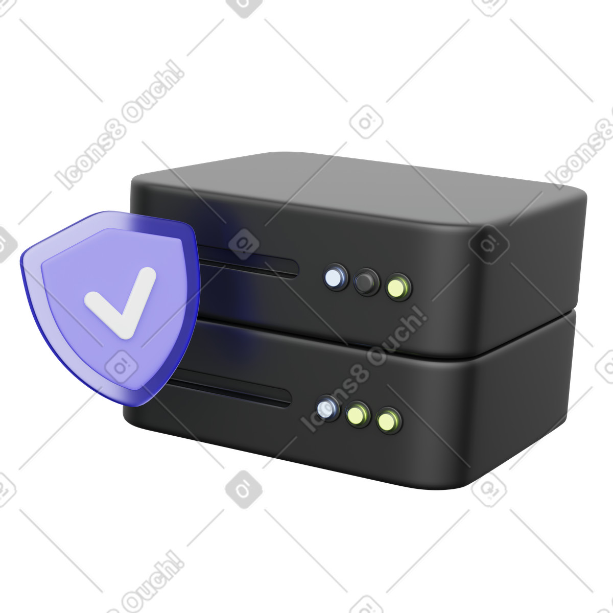 Иллюстрация Server stack with shield checkmark representing secure data center protection в стиле 3D Playful — скачать в форматах PNG, SVG