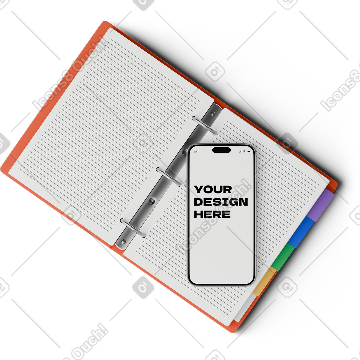 Top view of smartphone mockup on binder illustrazione in stile 3D Hygge scarica in PNG, SVG