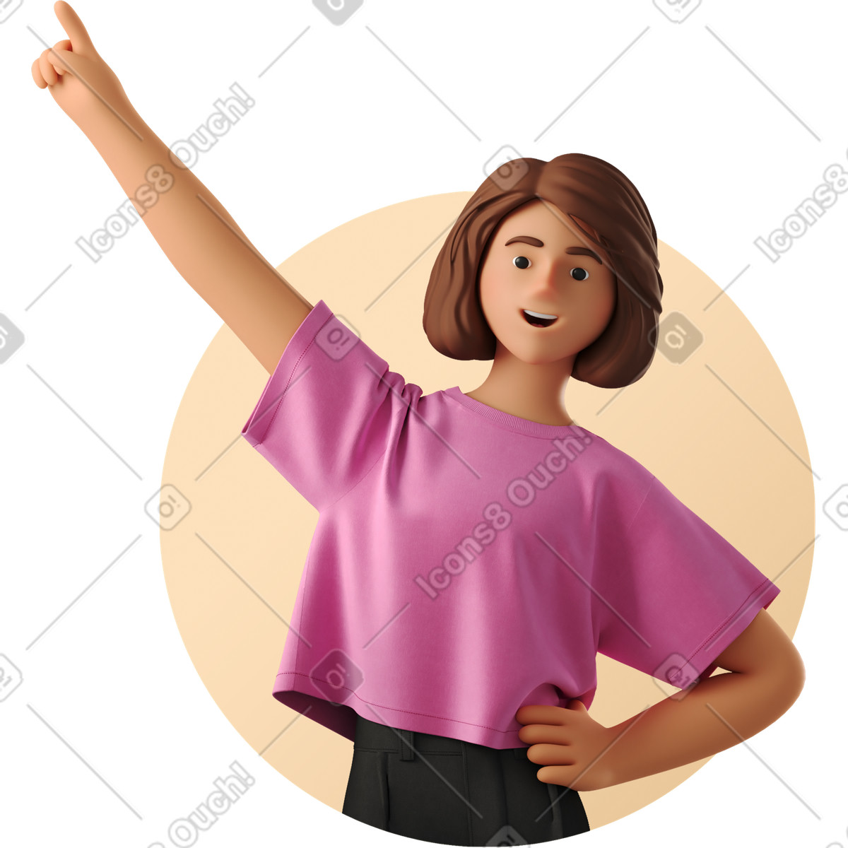 Ilustração de Mulher alegre apontando na diagonal em no estilo 3D Business para baixar em PNG, SVG