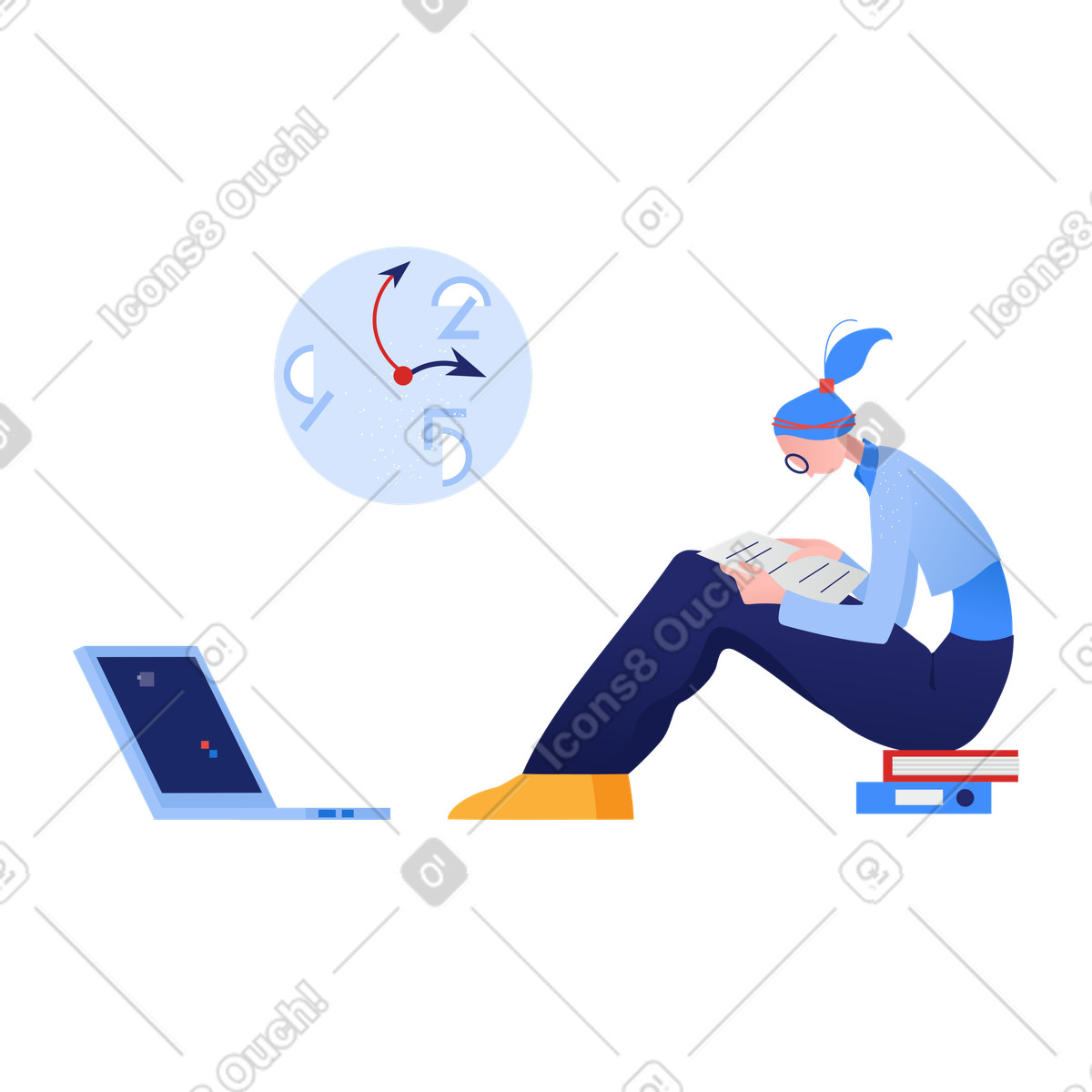 Illustration animée Une femme absorbée par ses études en ligne aux formats GIF, Lottie (JSON) et AE