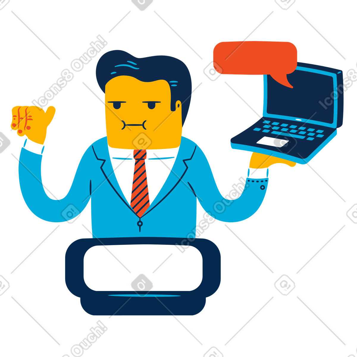 Uomo non impressionato e confuso dalle pubblicità digitali sul laptop illustrazione in stile Flame scarica in PNG, SVG