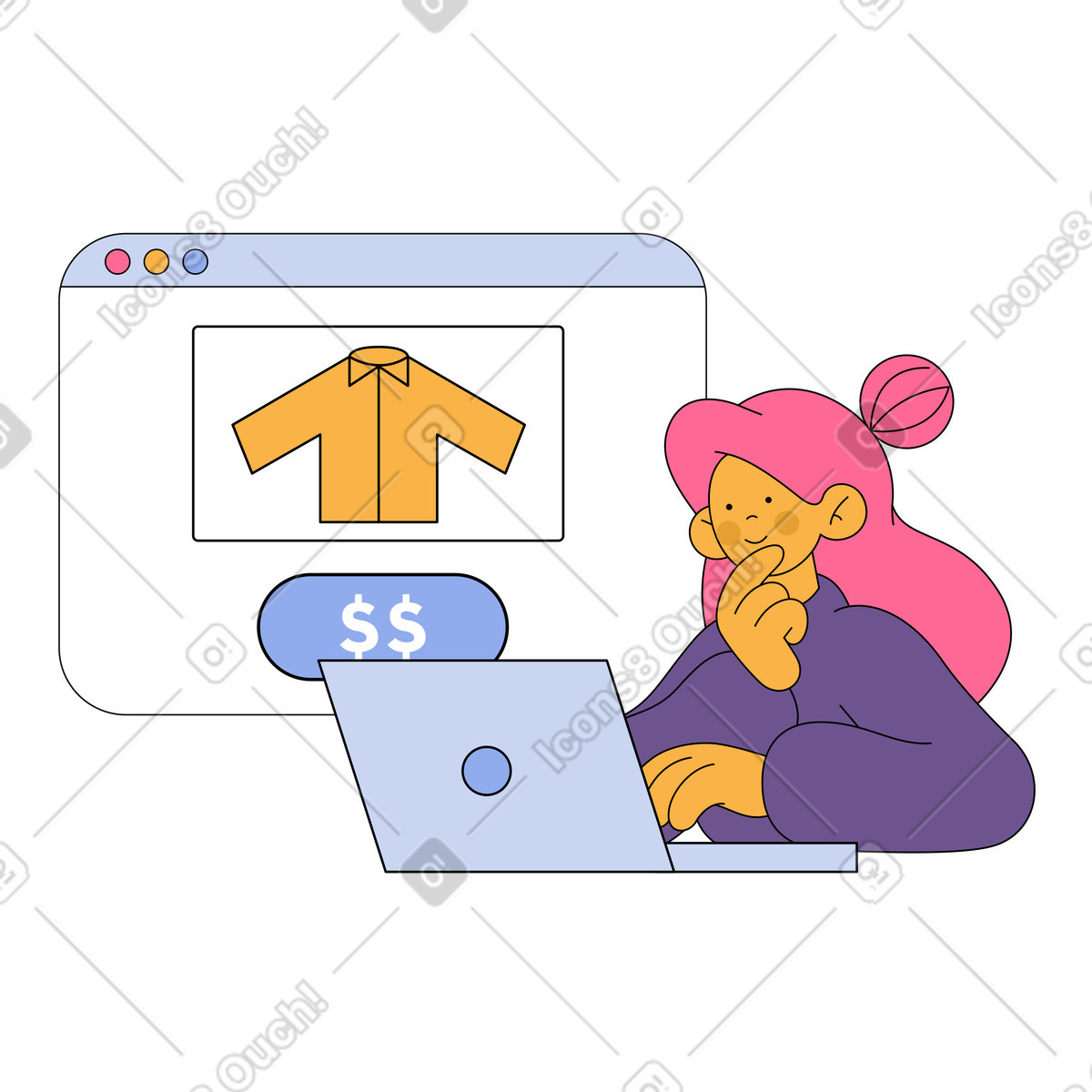 Browsing online clothing store on laptop, shopping decision illustration in Bloom style download in PNG, SVG